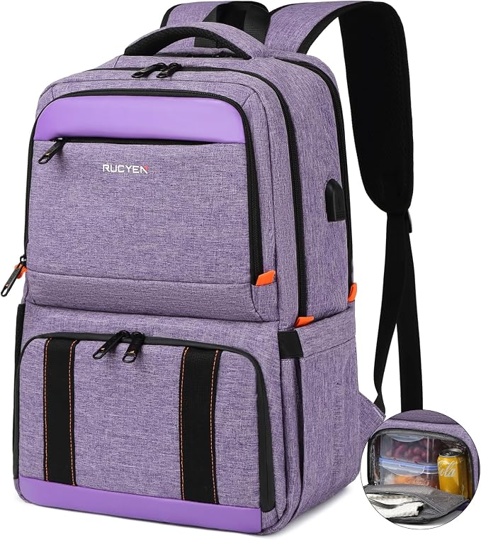 RUCYEN Lunch Backpack, Insulated Cooler Backpack Lunch Box for Women, 15.6 Inch RFID Blocking Laptop Backpack with USB Port, for Work Travel Picnics Hiking Purple
