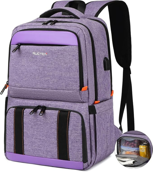 RUCYEN Lunch Backpack, Insulated Cooler Backpack Lunch Box for Women, 15.6 Inch RFID Blocking Laptop Backpack with USB Port, for Work Travel Picnics Hiking Purple
