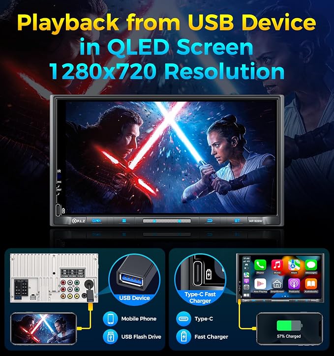 PLZ 7" Wireless Double Din Car Stereo Apple Carplay Radio QLED Screen for Car, Android Auto, Bluetooth 5.3, Fast Charger, 1080P Backup Camera, 4.2 Channel Outputs 240W, 2 Subwoofer