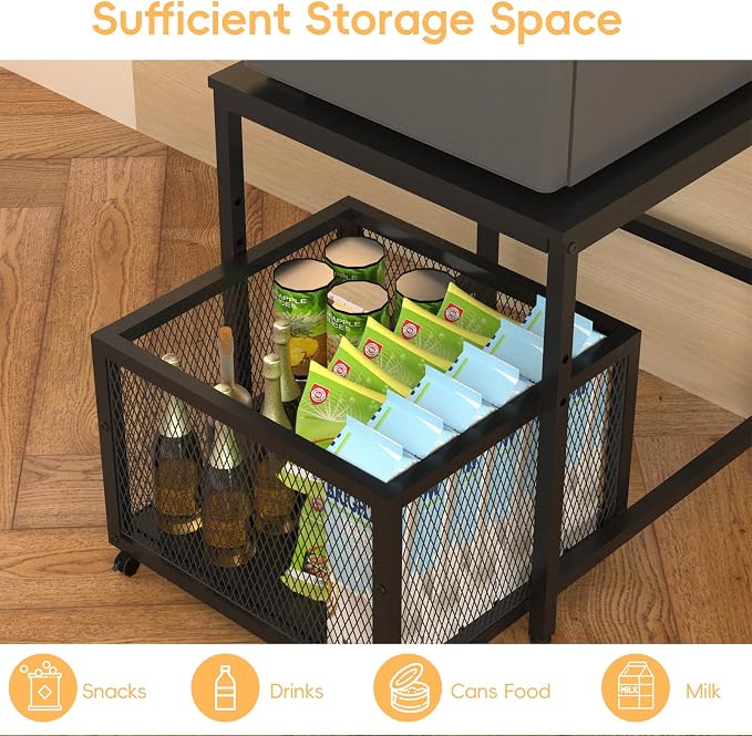 FAHKNS Mini Fridge Stand 19.7 Inch Square Mobile Mini Fridge Cart with Storage Drawer Basket Heavy Duty Fridge Cart, Large Capacity Storage Beverage Refrigerator Table, Black