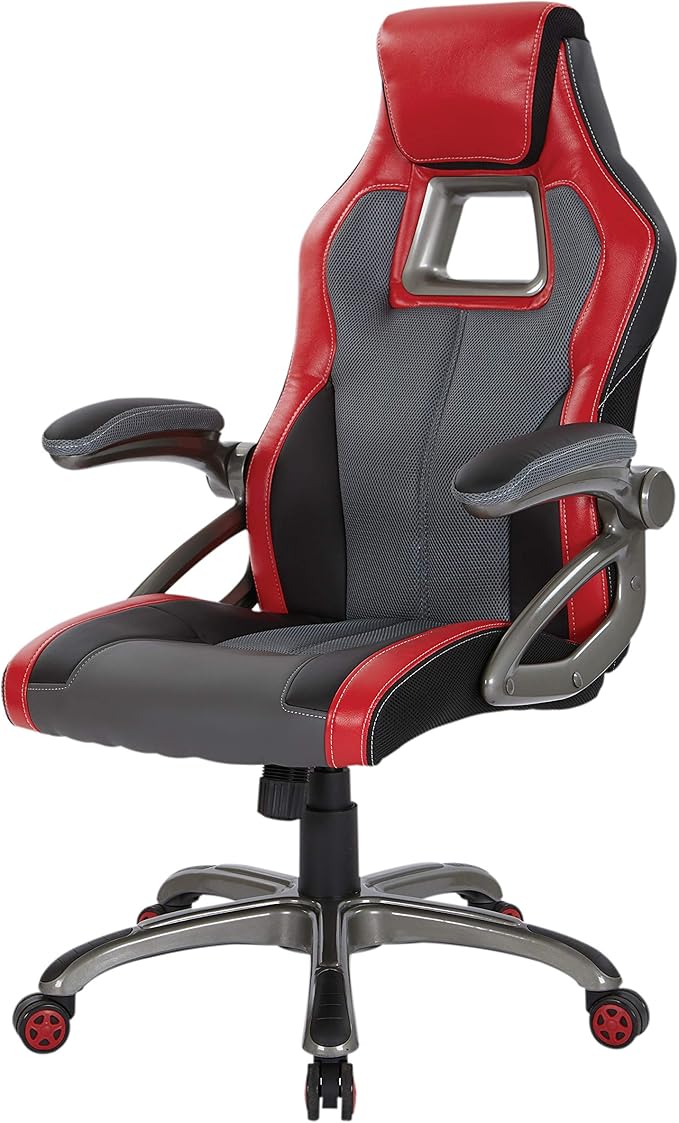 OSP Home Furnishings Race Car Adjustable Gaming Chair, Charcoal Grey Bonded Leather with Red Accents