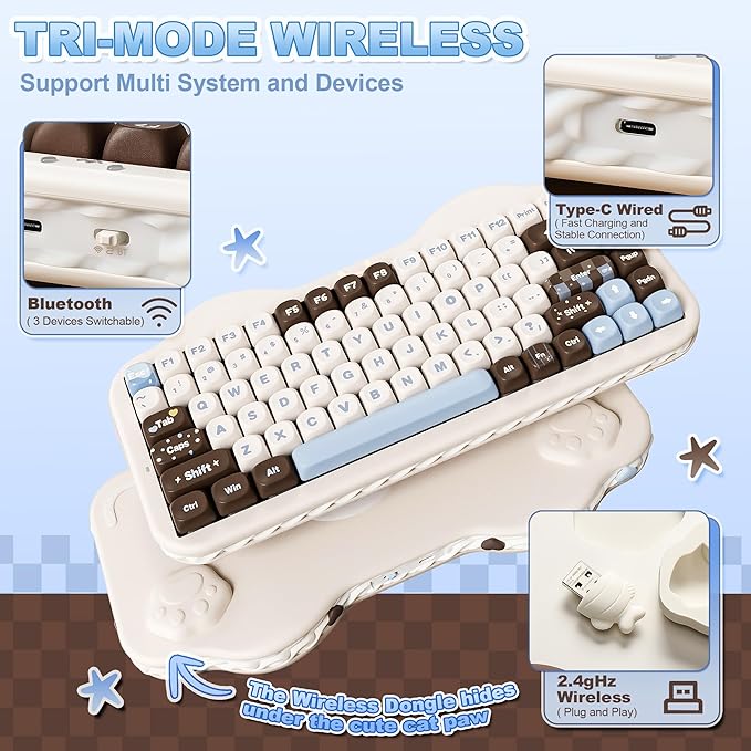 YUNZII C75 Wireless Mechanical Keyboard,75% Layout, Hot-Swappable NKRO,BT5.0/2.4G/USB-C Mode,Dye-Sub PBT MOA Keycaps,RGB Gasket Mount,Cute Cake Design for Mac/Win/Gaming (Choco, Candy Switch)