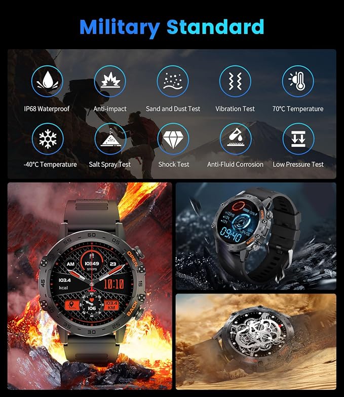SUNKTA Military Men's Smart Watch (Answer/Dial Calls),100 Sports Modes, 5ATM Waterproof Fitness Watch with Heart Rate/SpO2/Blood Pressure for Android and iOS,1.39''HD Full Screen Smartwatch,Leather