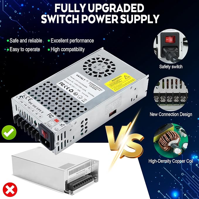 VAYALT DC 12V 50A 600W Switching Power Supply, 110V/220V AC to DC Converter, Universal Regulated Switching, 12V Power Supply for CCTV Camera System, 3D Printer, LED Strip, Computer Project