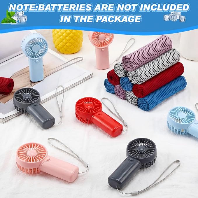 Retisee 24 Pcs Cooling Towel Mini Portable Fan Set 32 x 12 Inch Ice Towel Chilly Handheld Battery Powered Fan Cooling Sport Gifts for Travel Makeup Yoga Camping Running Summer(Fresh,Multicolor)