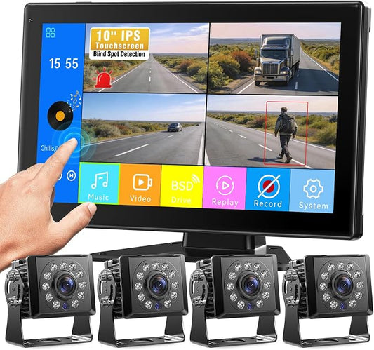 Fookoo AHD 1080P Wired 4 Backup Camera System, 10.1" Touchscreen Monitor Blind Spot Detection Vibration-Proof 10G Cameras for Tractor Trailer Excavator Skid Steer Harvester RV DVR MP3 MP5 Waterproof