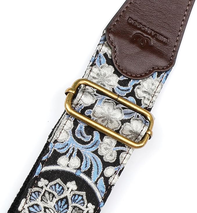 Guitar Strap, Electric& Acoustic Bass Guitar Straps,Embroidered Filament with Head Cowhide Leather Strap, with Free Strap Button,2 Guitar Strap Locks，4Guitar Pick (Blue floral print)