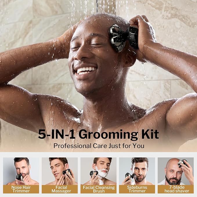 Head Shavers for Bald Men: 5-in-1 Electric Razor with 7D Floating Blades - IPX7 Waterproof Grooming Kit, Detachable Magnetic Head, 90-Min Wet Dry Gifts for Father's Day