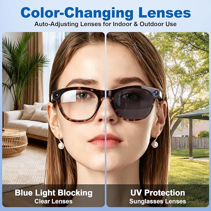 AI Smart Glasses with 8MP Camera, 1080P Video Recording, Real-Time Translation, AI Assistant & Object Recognition, Photochromic Lenses, Bluetooth 5.4 Calls & Music, IP65 Waterproof, 7-8Hr Battery