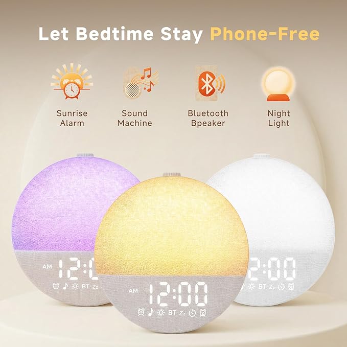 Geuuap Sunrise Alarm Clock White Noise Machine | Natural Wake-Up Light for Bedroom with 30 Soothing Sleep Aids, Bluetooth Speaker, Dimmable Clock, Screen-Free Design for Baby Adults Kids-White