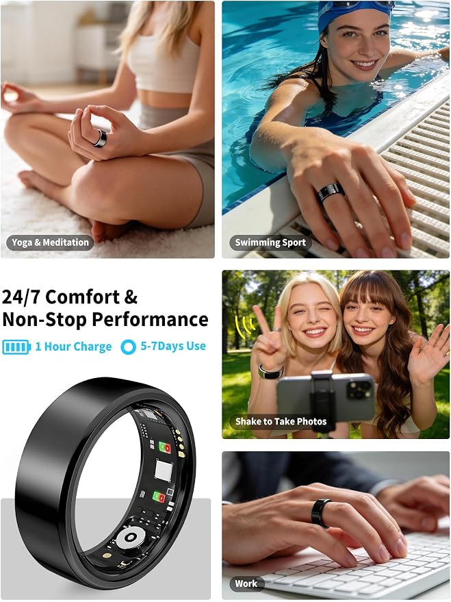 Smart Ring for Women Men Fitness Tracker Heart Rate Sleep Trends 128 Sports Modes Gesture Control Cycle Tracking IP68 Waterproof No Subscription Compatible with iPhone Android (Black, Size 9)