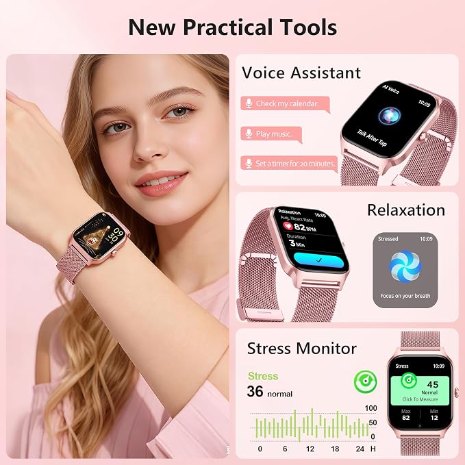 Smart Watch Women Men, 1.85" Lightweight Fitness Tracker Make/Answer Call, HR/Blood Pressure/Sleep Monitor, 110+Sport Modes, Waterproof Reloj inteligente Compatible for Android & Samsung & iPhone