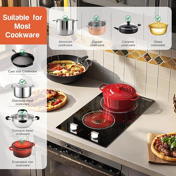 2 Burners Electric Cooktop 2000W, Plug in Electric Stove Top110v, Countertop & Built-in Cook top 12 Inch, 2 Burner Cooktop Knob Control, 9 Power Levels, Grey knob, Karienvir