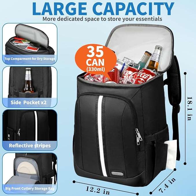 Cooler Backpack for Women Men,Insulated Backpack Cooler Leakproof Double Deck Work Lunchboxes Cooler Bag,Hot and Cold Thermal Backpack with Reflective Stripes