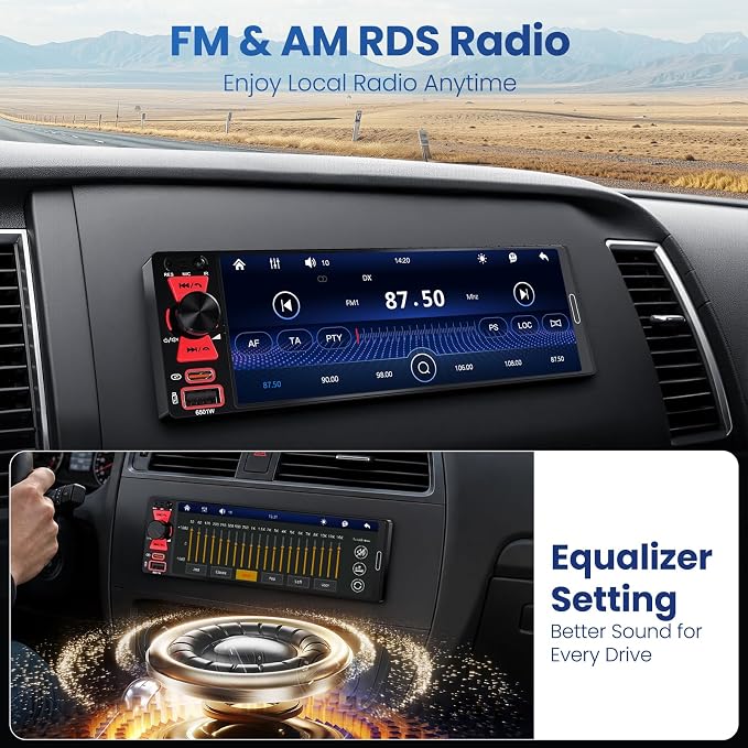 Single Din Car Stereo with Wireless Apple CarPlay & Android Auto, 6.5 Inch InCell Touchscreen Car Radio, Car Stereo with Bluetooth 6.0, 1080P Backup Camera, Mirror Link, AM&FM, Fast Charging, EQ, SWC