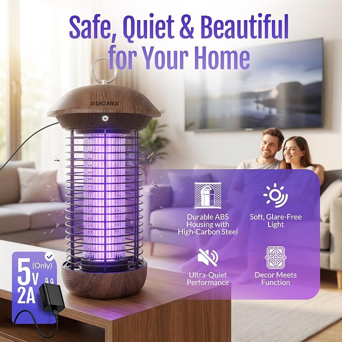 Bug Zapper Indoor Outdoor, Electric Mosquito Zapper 4200V, USB Powered Plug-in, Works with Adapter or Power Bank, No Built-in Battery, 365-395nm LED Bug Light, ABS Shell, for Home Patio Camping
