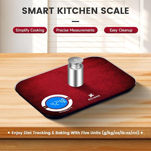 EILISON Smart Kitchen Scale with Nutrition Calculator, Digital Food Scale, Large TFT Color Display, Bluetooth App for 999+ Foods, Calorie Counter & 24 Nutrients Analyzer, 5000g Cap (Red)
