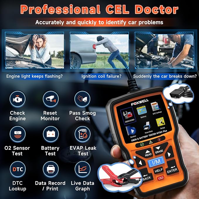FOXWELL NT301 Plus 2 IN1 OBD2 Scanner Battery Tester + NT301 Code Reader Scan Tool Live Data Mechanic OBDII DiagnosticTool for Check Engine Light