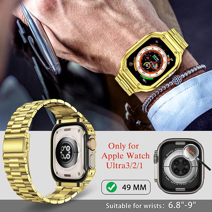 MioHHR Stainless Steel Band and Case Compatible with Apple Watch Band 49mm, Men Metal Protective Bumper Cover for iWatch Series Ultra 3/2/1, Gold