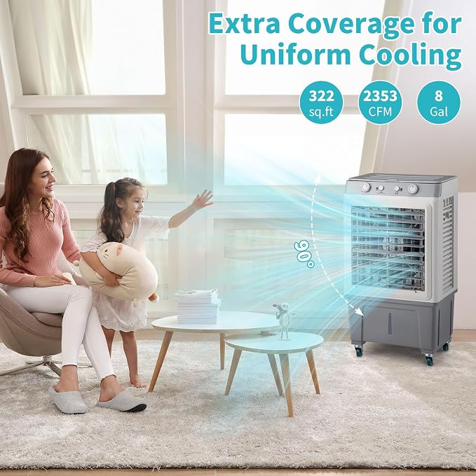 3 in 1 Portable Evaporative Air Cooler, Large Air Volume Swamp Cooler with Big Water Tank, Remote Control, Rolling Casters and Ice Packs for Indoor Outdoor Use White