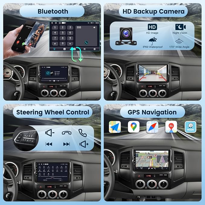 2G+64G Android 15 Car Radio Stereo for Toyota Tacoma 2005-2013 with Wireless CarPlay/Android Auto,9 Inch 1280 * 720P IPS Touch Screen GPS 5Ghz-WiFi Bluetooth 32-Band DSP HD Backup Camera