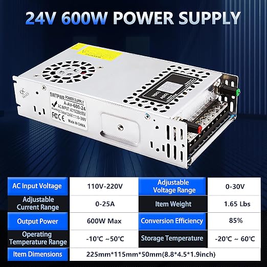 Adjustable Power Supply DC 0-24V 0-25A 600W with LED Display 24V Power Supply Variable AC to DC Converter 110V to 24V Designed for LED Light Car Stereo Electronics (24V-25A-600W, DC24V)