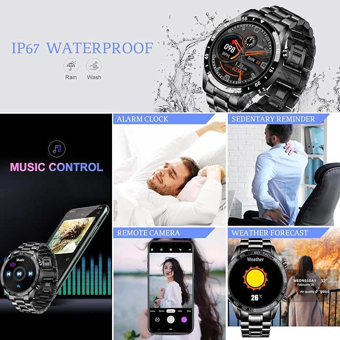 Men Smart Watch for Android iOS, Bluetooth Calls Voice Chat with Heart Rate/Sleep Monitor Fitness Tracker, 1.3" Full Touch Screen IP67 Waterproof Stainless Steel Activity Tracker for Men