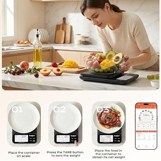 Smart Food Scale with Nutritional Calculator, Bluetooth APP Digital Nutrition with 30 Nutrients, Calorie & Macro Tracking, Personal Goals, Food Preload, Barcode Scan 11lb for Meal Prep, Weight Loss