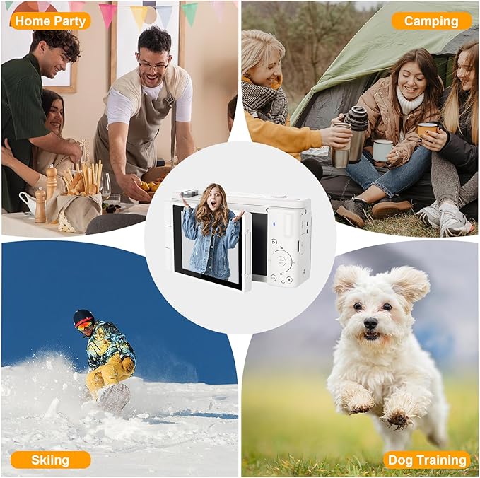 5K UHD Digital Camera for Photography, Autofocus 80MP Vlogging Camera for YouTube, 3" 270° Flip Screen Dual Lens Selfie Camera with18x Digital Zoom, 64GB SD Card, 2 Batteries & Charger,White