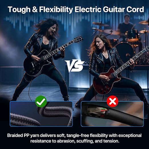 Short Guitar Cables 3.3FT, Amp Chord Electric Guitar Aux Amp Cord Braided, TS 1/4 Quarter Inch Straight to Right Angle Bass Instrument Cable Pro Audio (Black, 2Pack)