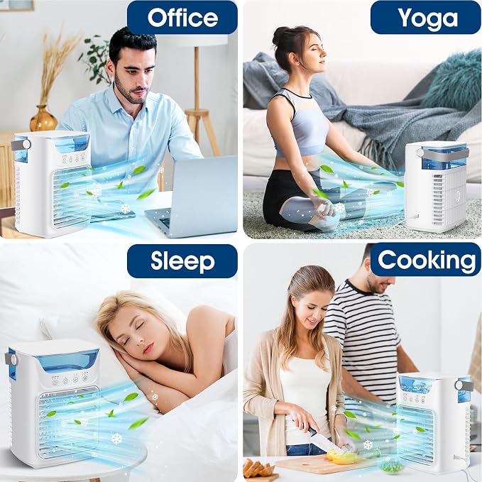 Portable Air Conditioner 4-in-1, Air Cooler with Humidifier, Desktop Cooling Fan, 700ML, 2 Cold Fog, 3 Automatic Timing, 7 Color Night Light