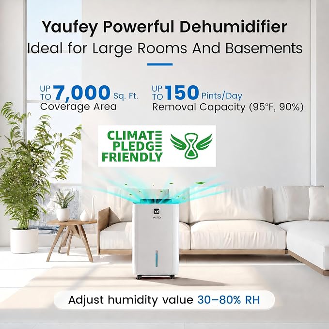 Yaufey 150 Pints Dehumidifier for Home, Basement and Large Room up to 7000 Sq. Ft., with Drain Hose, Timer, Intelligent Humidity Control and Large Water Tank