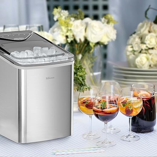 Silonn Countertop Ice Maker Machine, 9 Ice Cubes Ready in 6 Mins, 26 lbs/24 Hrs, Self-Cleaning Portable Ice Maker with Scoop & Basket, 2 Bullet Ice Sizes for Home, Kitchen, Office, Bar, Party