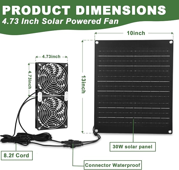 Solar Powered Fan, 30W Solar Fan with Two IPX7 Waterproof Fans for Outside Greenhouse Shed Chicken Coop, Exhaust Intake Mounting Way and Solar Panel Fan Kit