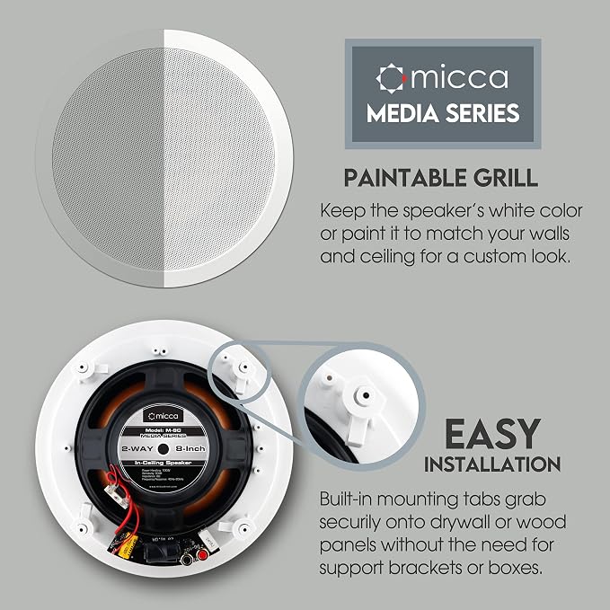 Micca M-8C 2-Way in-Ceiling Round Speaker, 9.4" Cutout Diameter, Whole House Audio, Home Theater, Indoor or Covered Outdoor, 8" Woofer, 1" Tweeter, White, Paintable, Each