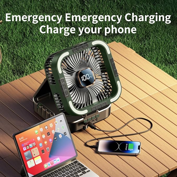 KIMMOO Solar Camping Fan with Light-10000mAh Rechargeable Portable, 6 Speeds, Digital Display, Timer, 120° Oscillation, Cordless Battery Powered Fan for Home Outdoor Tent Travel BBQ Fishing (Green)