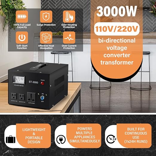 YaeCCC ST-3000 Voltage Transformer Converter Regulator with Voltage Meter - Step Up/Down - 110V/220V - Circuit Breaker Protection