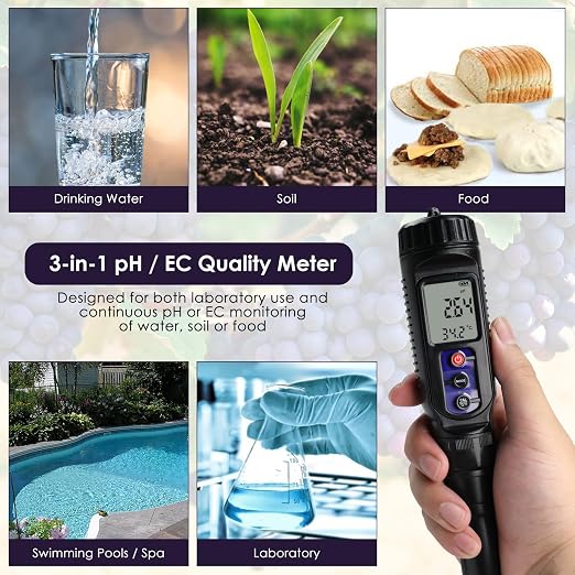 pH Meter for Food 3-in-1 Digital pH EC Temperature Meter with ATC, Food pH Tester for Checking Fermentation/Bread Dough/Sausages, Waterproof pH Probe Meter for Cosmetics, Solid and Soft Soil Sample