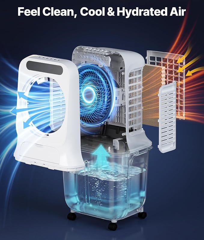 3-in-1 Evaporative Air Cooler - Portable Swamp Cooler Air Conditioner with 3 Modes & 3 Speeds, 6.6 Gallon Cold Air Cooler, Cooling Fans that Blow Cold Air for Home, Office, 2 Ice Packs