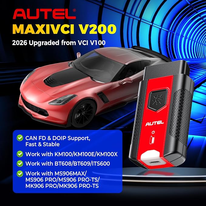 Autel MaxiVCI V200 VCI200 Wireless OBD2 Connector Adapter, VCI 200 OBD2 Diagnostic Dongle, Work w/MaxiSys Scanner MS906 PRO MS906MAX MS906 PRO-TS KM100 BT608 BT609 ITS600 MK906 PRO TS