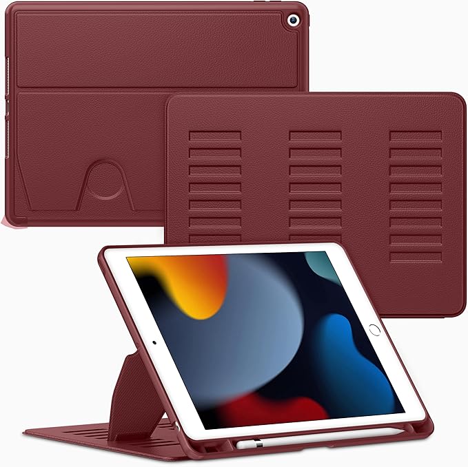 VIKESI Case for iPad 9th / 8th / 7th Generation 10.2 inch (2021/2020/2019 Released),Multiple Angles Magnetic Stand Cover,Shockproof Back,Pencil Holder,and Auto Sleep/Wake,Wine