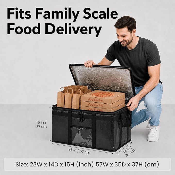 NZ home Insulated Bags for Food Delivery (3XL PRO) Grocery Shopping Cooler Bag, Pizza Delivery, Hot & Cold Catering Tote, Reusable, Foldable & Heavy Duty (Black)
