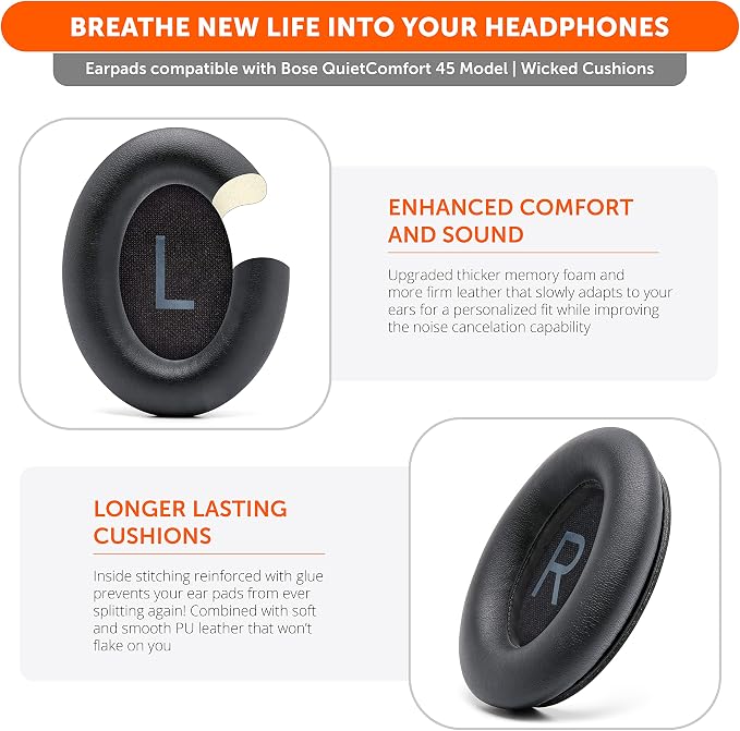 WC PadZ QC45 - Earpads for Bose QuietComfort 45 / QuietComfort Se/QuietComfort Wireless, Made by Wicked Cushions | Extra Thick Cushion | Premium Durable Stitching | Black
