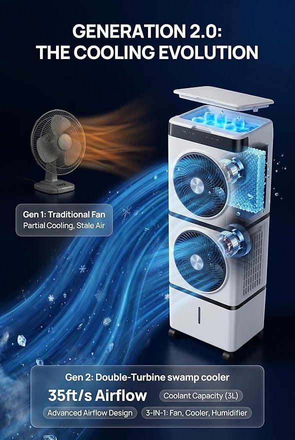 Dual Fans 3-IN-1 Evaporative Swamp Cooler, Portable Tower Fans that Blow Cold Air, 2L Water 2 Modes, 3 Speeds,12H Timer, 4 Ice Packs & 4 Wheels, 45°Oscillation, 35ft/s Velocity Quiet for Room Office