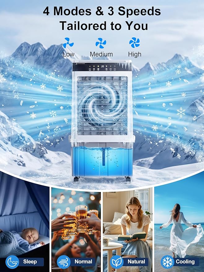 Uthfy 2026 Upgraded 3000 CFM Swamp Cooler, Evaporative Air Cooler with 6 Gal Detachable Water Tank, 3-Sided Cooling Pad, 4 Mode, 120° Oscillation, 12H Timer, Portable AC for Outdoor, Garage