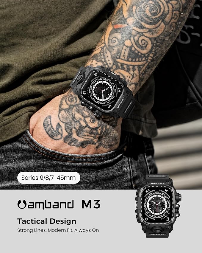 amBand Rugged Case with Band for Apple Watch 45mm, Compatible with Apple Watch (iWatch) Series 9/8/7, Military Grade Shockproof Bumper Cover, Tactical Band for Men, Matte Black