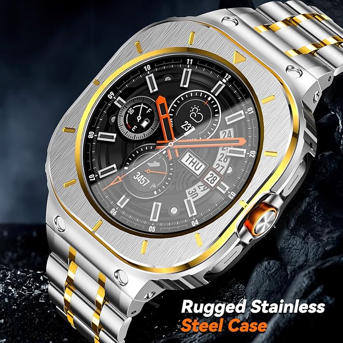 BAITEYOU Stainless Steel Bands with Case Compatible with Samsung Galaxy Watch Ultra 2/1 47mm (2025 2024), Rugged Protector Cover Metal Band for Galaxy Watch 7 8 Ultra for Men (Silver & Gold)