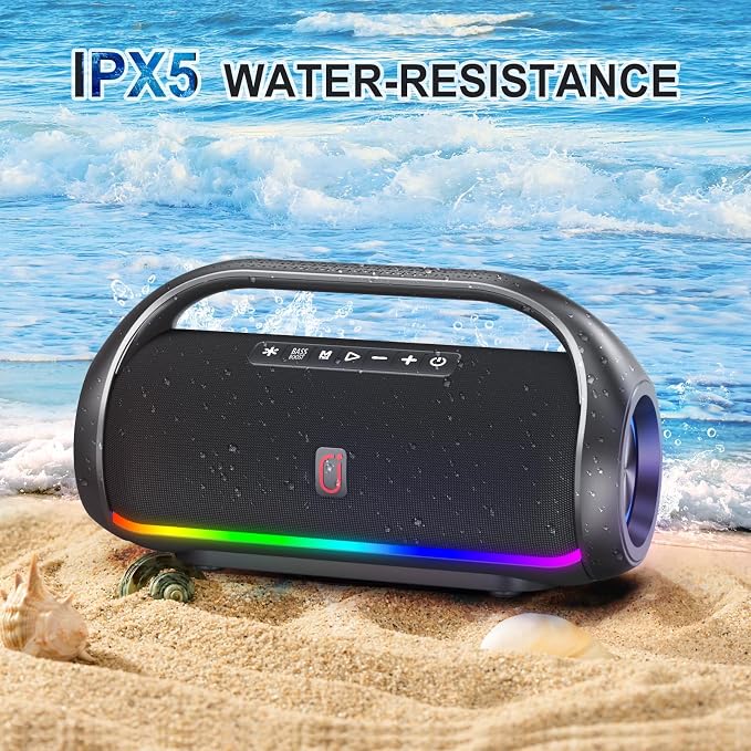 HWWR Portable Bluetooth Speaker, Wireless Outdoor Loud Stereo Audio with Deep Bass, IPX5 Water Resistant Party Sound System, RGB Lights, TWS Pairing, Travel Camping Gear for Home Beach Patio