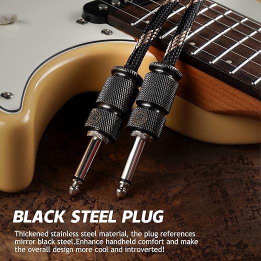 6.6ft Guitar Cable, 1/4 Inch Straight/Straight Instrument Cable, Electric Cord Guitar Amp Cord for Bass Amp and Instruments (1980 Black Steel Braid)