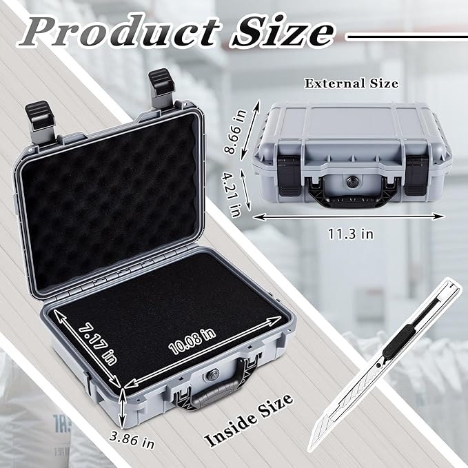 Relaxweex 1 Pcs Waterproof Hard Case with DIY Customizable Foam Insert Portable Protective Case with Knife for Camera Drones Equipments Tools Test Instruments(Gray,11.3 x 8.7 x 4.2 Inch)